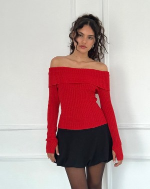 Motel Rocks Circe Off-shoulder Long Sleeve Knit Top Jumpers Dames Rood | FEP2018CC