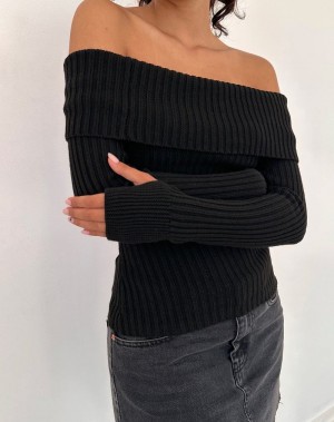 Motel Rocks Circe Off-shoulder Long Sleeve Knit Top Jumpers Dames Zwart | VBT9338CX