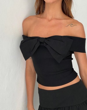 Motel Rocks Naras Bow Front Bardot Bijgesneden Tops Dames Zwart | KQE8228PR