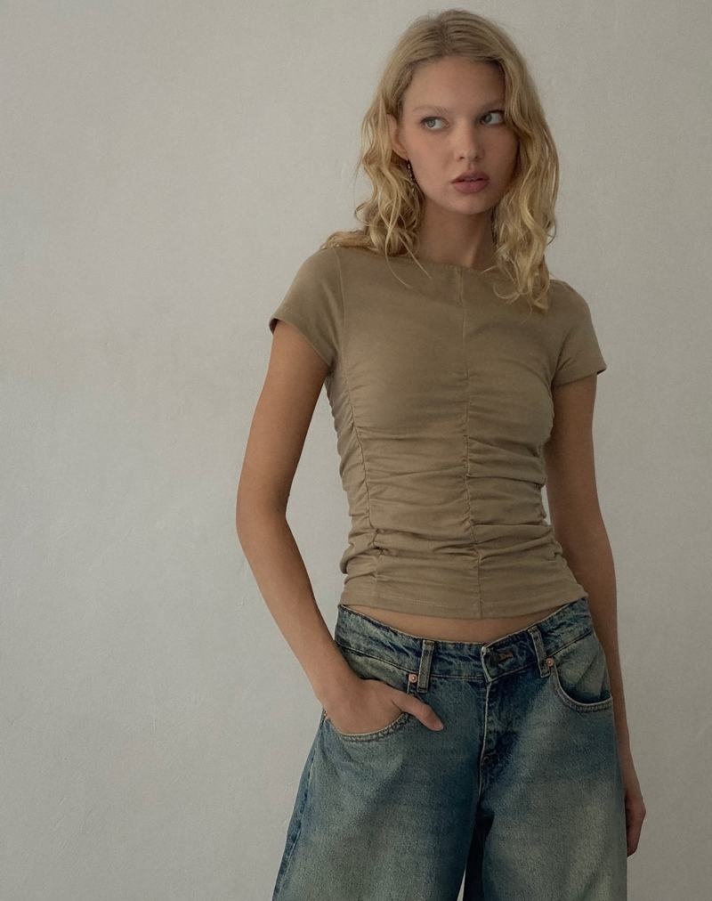 Motel Rocks Gryae Ruched Front Top T-shirts Dames Bruin | HYK6973SR