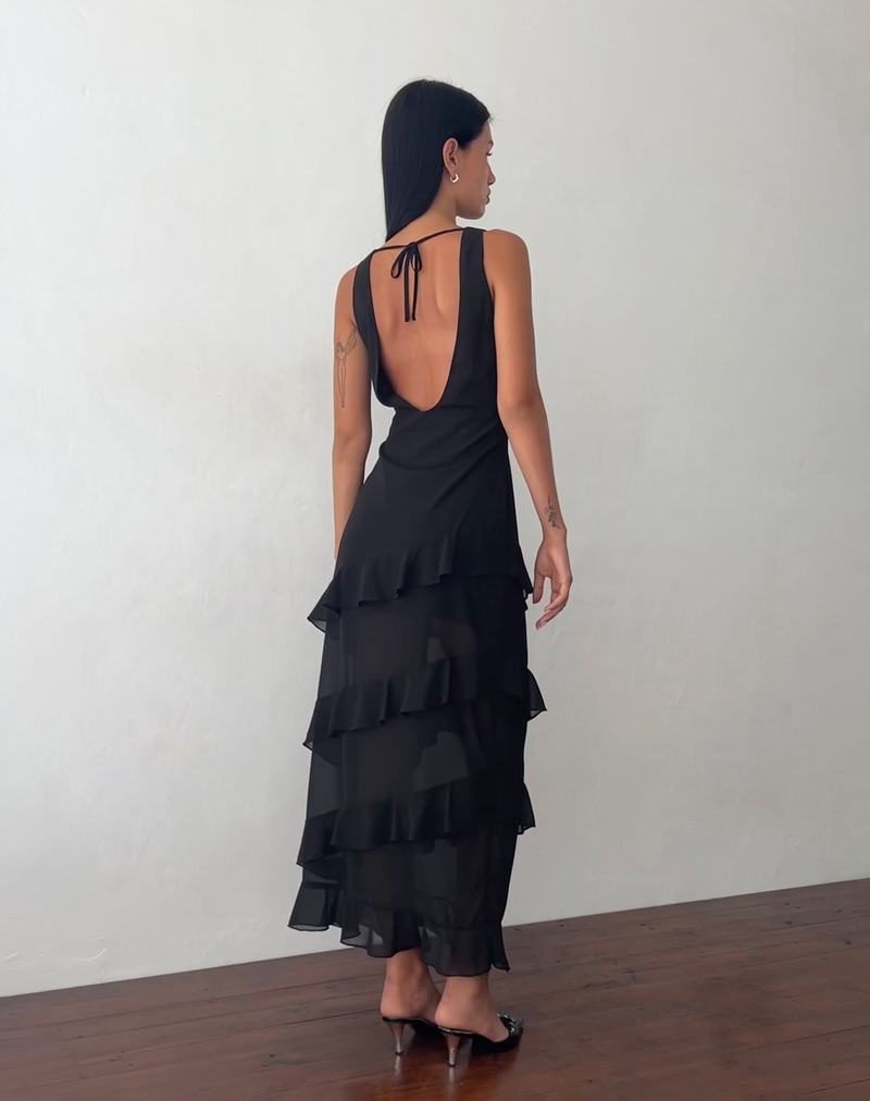 Motel Rocks Otna Ruffle Detail Chiffon Maxi Jurk Dames Zwart | AXS7670RE